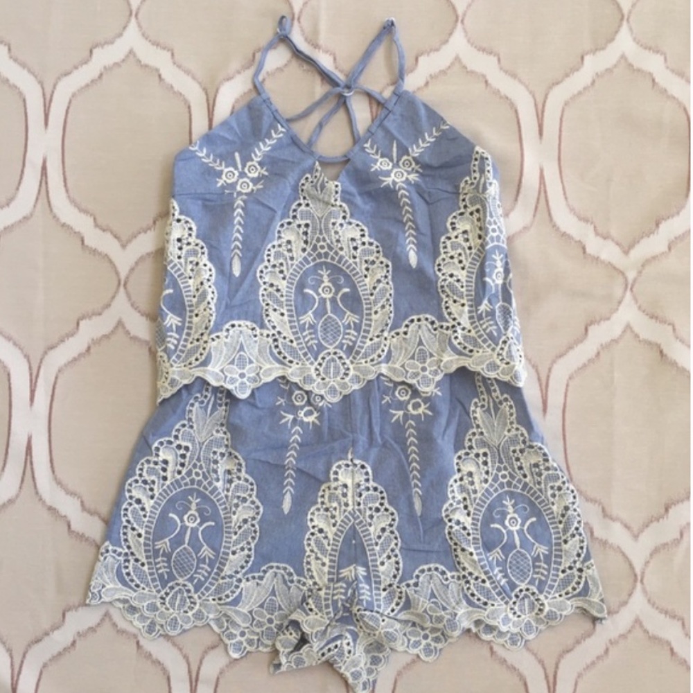 Embroidered Chambray Strappy Romper